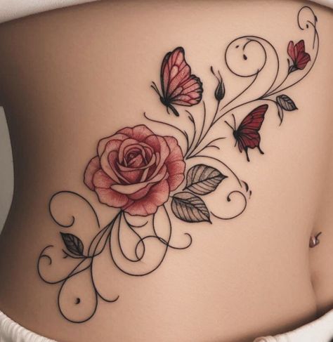 Butterfly Scroll Tattoo, Roses And Daffodils Tattoo, Jessie Tattoo, Unique Butterfly Tattoo Creative, Neotraditional Sleeve, Rose Vine Tattoos, Scroll Tattoos, Brother And Sister Tattoo Ideas, First Tattoo Ideas