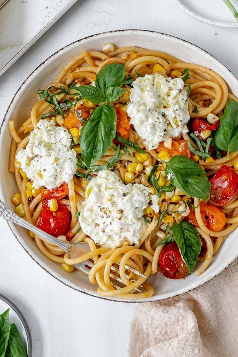 Burst Tomato & Corn Pasta Tomato Corn Pasta, Burst Tomato Pasta, Burst Tomato, Butternut Squash Pasta Sauce, Seasoned Corn, Pasta With Peas, Corn Pasta, Ricotta Pasta, Summer Meals