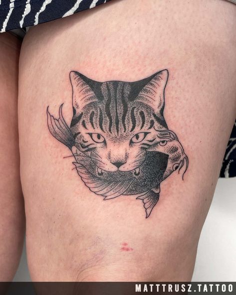 Cat eating a fish. Done on Monika Cat Eating, Tattoo On, Fish, Tattoos, On Instagram, Quick Saves, Instagram