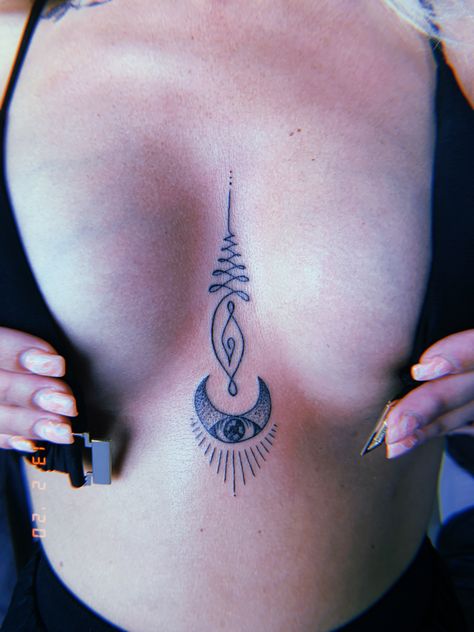 Sternum Unalome Tattoo, Rising Woman Symbol Tattoo Sternum, Unalome Tattoo Sternum, Small Sternum Tattoo, Sage Tattoo, Tattoo Sternum, Think Tattoo, Bamboo Tattoo, Unalome Tattoo