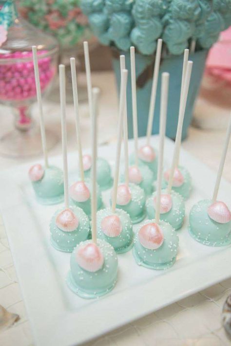 Amanda's Baby Shower! | CatchMyParty.com Mermaid Cake Pops, Mermaid Baby Shower Theme, Shower Colors, Sparkly Cake, Baby Shower Cupcakes For Girls, Sea Baby Shower, Baby Shower Vintage, Mermaid Baby, Mermaid Theme Party