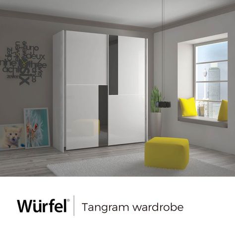 The sliding door mechanism of the Tangram wardrobe allows you to make more use of floor space within your home. Sliding Wardrobe Designs, Sliding Wardrobe Design, Sliding Door Mechanism, Wardrobe Laminate Design, Door Mechanism, Sliding Wardrobes, Glass Wardrobe, Bedroom Wardrobe Design, Double Bed Designs