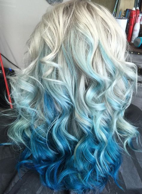 Beautiful blue and silver mermaid hair Blue Ombre Blonde Hair, Silver To Blue Ombre Hair, Platinum Blonde Hair With Blue Tips, Tiffany Blue Hair, Silver And Teal Hair, Blonde And Turquoise Hair Highlights, Blue And Platinum Hair, Blue Balayage Blonde, Blonde To Blue Hair