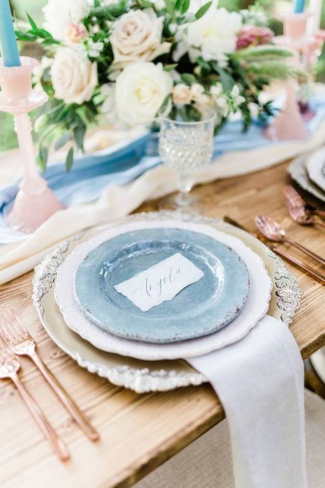 A Dusty Blue Barn Wedding with Romantic Details Galore | The Perfect Palette Elegant Backyard Wedding, Blue And Blush Wedding, Blue Wedding Centerpieces, Blue Barn, Embrace Natural Beauty, Blue Wedding Inspiration, Wedding Plates, Blue Themed Wedding, Blue Wedding Flowers