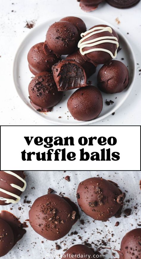 Looking for a delicious and easy dessert to impress your friends and family? Our Vegan Oreo Truffle Balls are the answer! These irresistible, no-bake chocolate treats are not only vegan but also dairy-free, making them perfect for everyone to enjoy. With the classic Oreo flavor, a velvety truffle center, and a touch of whipped cream on top, you won't believe these are guilt-free! Dairy Free Oreo Balls, Vegan Truffles Recipe, Vegan Oreo Balls, Vegan Oreo Truffles, Oreo Truffle Balls, Oreo Bites, Truffle Balls, Easy Impressive Dessert, Oreo Truffle