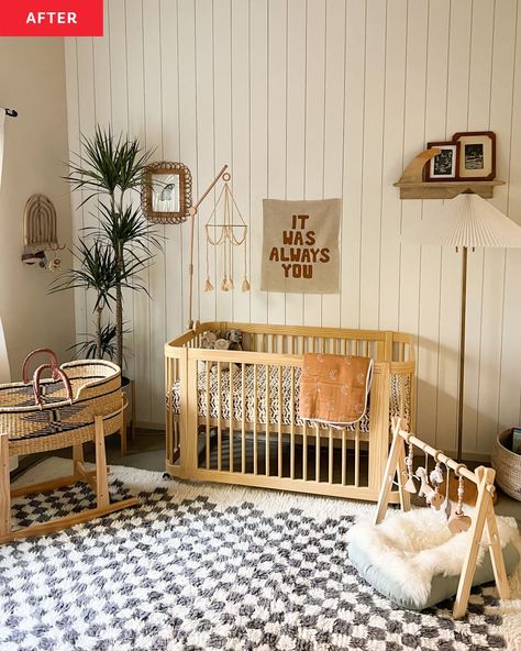 Boho On A Budget, Checkered Nursery, Design Airbnb, Brown Crib, Coastal Interior Design, Nursery Makeover, Nursery Accent Wall, Boy Nursery Themes, Baby Nursery Inspiration