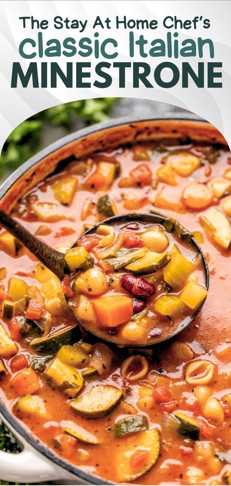 A ladle scooping out a helping of homemade minestrone soup. Minestrone Soup With Garbanzo Beans, Minestrone Soup No Beans, Ministroni Soup Recipe Italian, Ministroni Soup Recipe, Best Minestrone Soup Recipe, Italian Minestrone Soup Recipe, Easy Minestrone Soup, December Recipes, Easy Minestrone