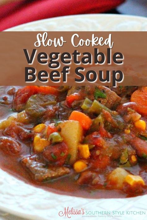 Old fashioned vegetable beef soup is such a comforting dish. This Slow Cooked Vegetable Beef Soup is the ideal option for preparing it on busy days. The depth of flavor alone makes it worth the small amount of effort it takes to prepare and the slow cooker does the rest. Best Crockpot Soups, Vegetable Soup Crock Pot, Melissas Southern Style Kitchen, Crockpot Soups, Slow Cooker Creamy Chicken, Best Crockpot, Beef Soup Recipes, Easy Vegetable, Vegetable Beef Soup