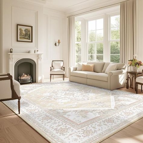 BESTSWEETIE Area Rug 8x10 Rug for Living Room, Washable Rug 8x10, Non Slip Water Repellent Floor Carpet, Low Pile Soft Vintage Rug for Bedroom Dining Room Indoor Cream Living Rooms, Yellow Living Room, Rug For Bedroom, 6x9 Area Rugs, 9x12 Area Rugs, Floor Carpet, Rug 8x10, 8x10 Rugs, Living Room Area Rugs