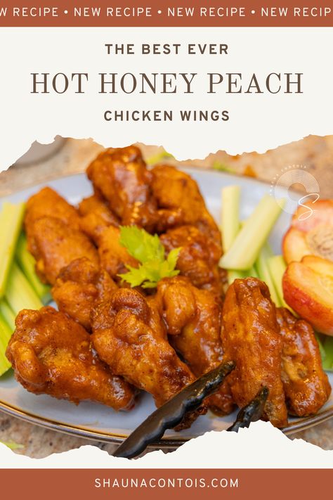 Gameday snacks and tailgating recipes. Hot honey peach chicken wings are a peachy twist on the classic buffalo hot wing. Husband approved! | shaunacontois.com Peach Chicken Wings, Peach Honey Hot Wings, Hot Honey Peach Chicken Wings, Peach Wings Recipe, Bourbon Chicken Wings Recipe, Wing Flavors, Gameday Snacks, Buffalo Hot Wings, Peach Chicken