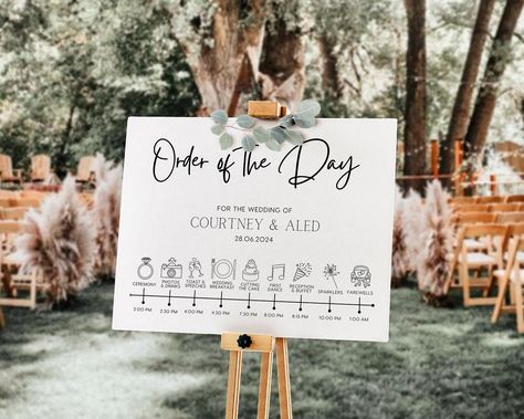 Take a peak at our Order Of The Day sign, in Timeless White 🤍✨ Remember, we can accommodate any type of wedding day event on these signs! From sparklers, to pizza, to daddy-daughter first dance… we can design an icon that seamlessly matches 💌 #weddingsigns #orderoftheday #orderofevents #weddingsignboard #weddingtimeline #bridetobe #weddingplanning Order Of The Day Sign, Order Of The Day, Wedding Timeline, Can Design, First Dance, Wedding Signs, Wedding Planning, Take A, The Day