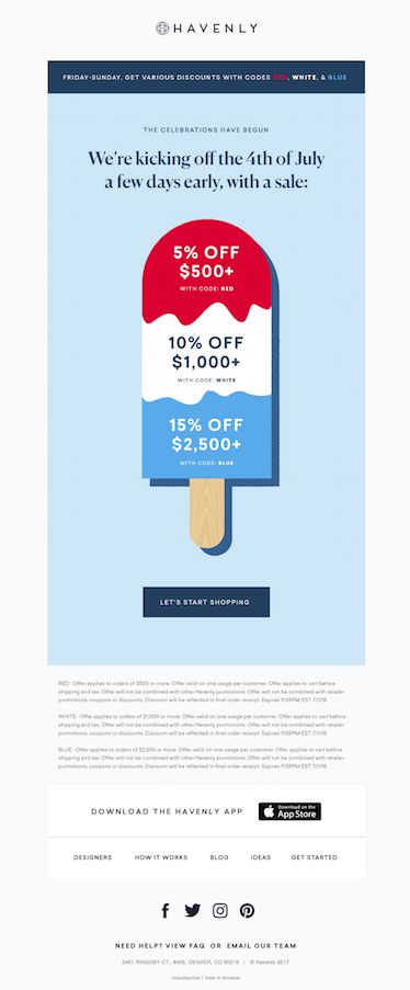 Havenly - Subject Line: Shop our pre 4th of July SALE! Labor Day Email Design, Creative Emailer, Happy Birthday Email, 4th Of July Sales, Sales Email, Birthday Email, Marketing Ads, Mailer Design, Email Blast