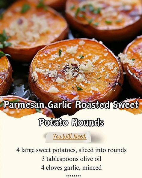 Rachael Ray🥗🍔 | Parmesan Garlic Roasted Sweet Potato Rounds | Facebook Sweet Potato Rounds, Potato Rounds, Sweet Potato Recipes Roasted, Roasted Sweet Potato, Recipe Ingredients, Garlic Parmesan, Sweet Potato Recipes, Looks Yummy, Roasted Sweet Potatoes