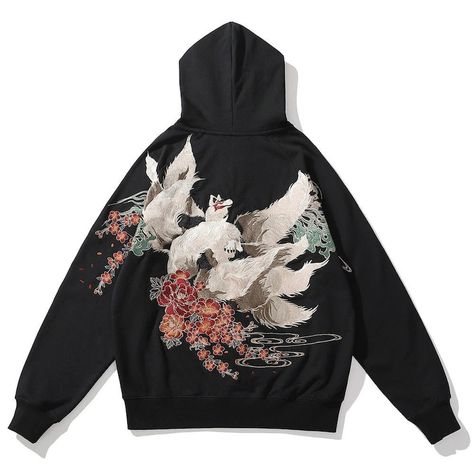 Nine Tailed Fox Embroidered Hoodie, Yokosuka Japanese Kitsune Zip Up, Hefushi Embroidery Cotton Zip Hoodie Black Jacket Hoodie, Fox Hoodie, Simple Sweatshirt, Hip Hop Sweatshirts, Embroidery Hoodie, Womens Sweatshirts Hoods, Y2k Hoodie, Japanese Streetwear, Hoodie Material