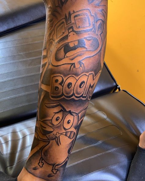 Boondocks Tattoo, Calf Sleeve Tattoo, Arm Tattoos Lettering, Thigh Piece Tattoos, Arm Tattoos Black, Half Sleeve Tattoo Stencils, Black Men Tattoos, Half Sleeve Tattoos Forearm, Gangsta Tattoos