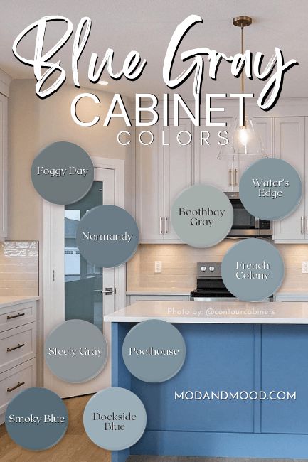 9 Stunning Blue Gray Cabinet Colors to Bring Calm to Your Kitchen - Mod & Mood Blue Gray Cabinet Colors, Gray Cabinet Colors, Benjamin Moore Normandy, Behr Blue Grey Paint Colors, Sherwin Williams Steely Gray, Sherwin Williams Foggy Day, Behr Blue, Blue Gray Kitchen Cabinets, Light Blue Paint Colors