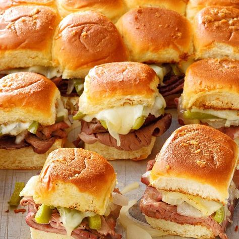 Philly Cheesesteak Sliders Exps Tohfm22 201457 B09 22 6b Cheese Steak Sliders, Philly Cheesesteak Sliders Recipe, Hawaiian Sandwiches, Steak Sliders, Philly Cheesesteak Sliders, Cheesesteak Sliders, Philly Cheese Steak Sliders, Leftover Roast Beef, Sliced Roast Beef