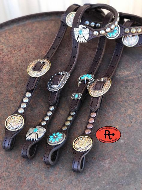 This is our best selling headstall style! "Texas in 1880" style headstall with a sliding single ear. Big, punchy metal dots give this headstall a vintage flair. Simple lines and narrow cheeks allow this headstall to compliment any horse's head. The buckles are riveted on for safety. This headstall is made with our signature dark chocolate bridle leather and is lined with durable, sweat resistant oil tan leather. Handmade from scratch in our workshop in rural Stephenville, TX. HARDWARE OPTIONS: Choose the conchos and buckles you'd like from the list above. You can conveniently view photos of all of the conchos/buckles on this page of our website: https://runningroantack.com/pages/buckles-conchos (opens in new tab/window) SIZING INFORMATION: This headstall is our short cheek size, adjusting Western Horse Tack Turquoise, Barrel Racing Tack Rodeo, Bling Horse Tack, Wither Strap, Clear Handbags, Checkbook Covers, Spur Straps, Horse Accessories, Wallet Organization