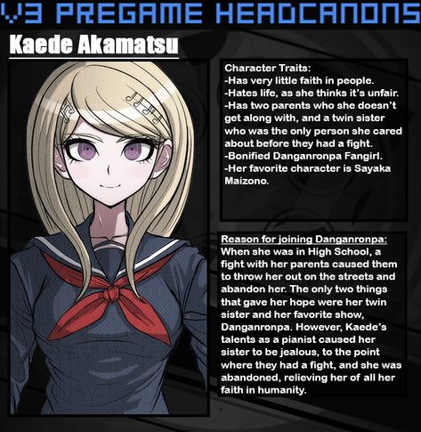 Pregame Drv3, Danganronpa V3 Pregame, Drv3 Pregame, Pregame Kaede, Danganronpa Hcs, Pregame Danganronpa, Danganronpa V3 Characters, Character Headcanons, Danganronpa Funny