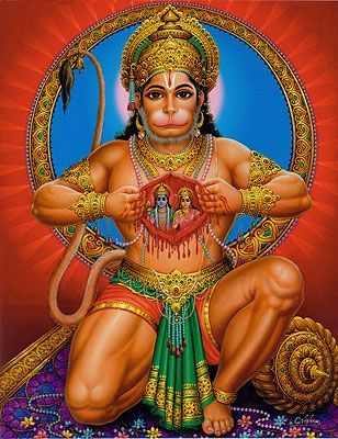 Hanuman is a Hindu monkey god famed for strength, speed,  his skills as a grammarian, but above all, he's an unsurpassed adherant of bhakti, or the yoga of devotion. In his most famous story, a courtier asked him to prove his devotion to his king Rama and his wife Sita. Hanuman tore open his chest and there was RamaSita imprinted on his heart. Rama Sita, Hanuman Chalisa, Shri Hanuman, Hanuman Images, Lord Hanuman Wallpapers, Hanuman Wallpaper, Shiva Painting, Jai Hanuman, Lord Shiva Hd Images