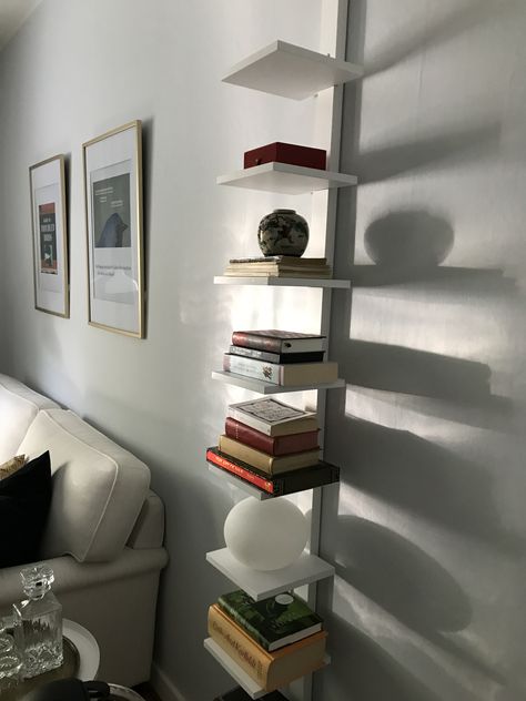 Narrow Wall Shelf Ideas, Narrow Book Shelf, Narrow Shelf Ideas, Narrow Wall Shelf, Lux Bedroom, Bookshelf Bedroom, Narrow Shelf, Ny Apartment, Narrow Bookshelf