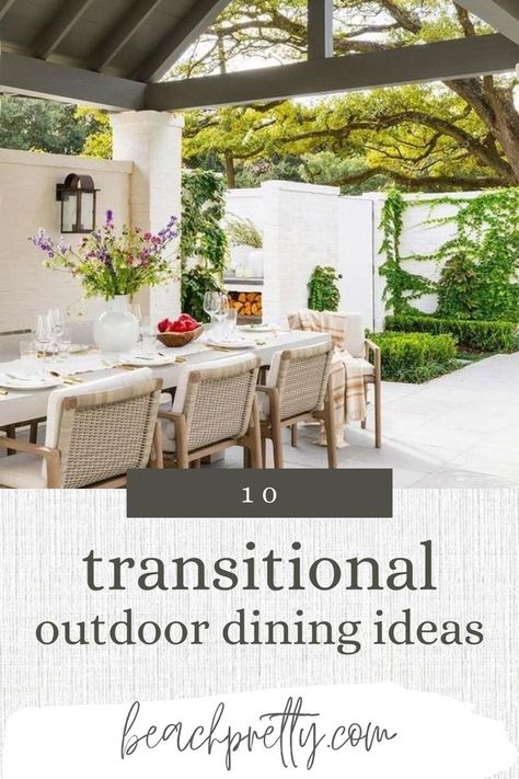 I love to bring a touch of modern elements to my outdoor living spaces and keeping it relaxing and inviting, hence Transitional style.  10 gorgeous ideas to inspire you to create an outdoor dining space that could be on a cover of a magazine.  #outdoordiningspace #outdoordining #patio #patiodesign #patiodiningfurniture #outdoordiningfurniture #beachpretty Patio Dining Ideas, Transitional Patio, Patio Dining Furniture, Wicker Dining Set, Place To Read, Outdoor Dining Spaces, Dining Ideas, Teak Dining Table, Sweet Summertime