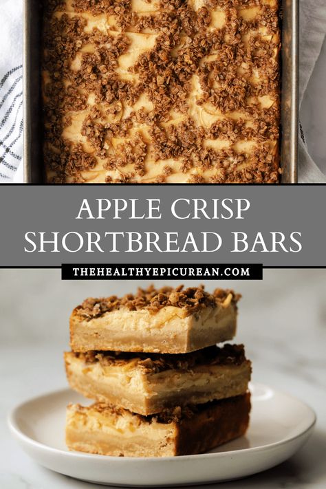 Apple crisp bars with a shortbread crust, mascarpone filling and honeycrisp apple and crumbly oat topping! Apple Crisp Bars, Apple Crumble Bars, Mascarpone Filling, Honeycrisp Apple, Shortbread Bars, Fall Comfort Food, Cream Cheese Eggs, Honeycrisp Apples, Shortbread Crust