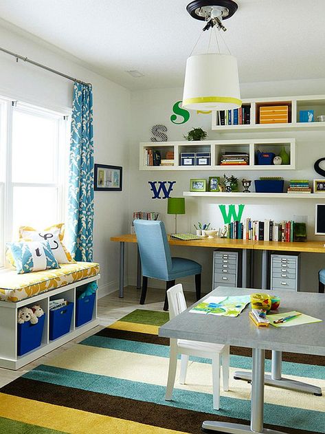 Multipurpose Magic: Creating a Smart Home Office and Playroom Combo Office Playroom Combo, Corner Bench With Storage, Office Seating Area, Bedroom Window Seat, Playroom/living Room, Craft Room Desk, Bedroom Seating Area, Living Room Playroom, Office Playroom