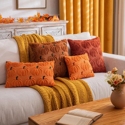 Pumpkin Fall Decorative Throw Pillow Covers 12"x12", Set of 2 Orange Brown Soft Faux Fur Pillow Covers for Autumn Harvest, Fluffy Plush Accent Pillow Kids Throw Pillows, Fur Texture, Farmhouse Halloween, Fall Throw Pillows, Faux Fur Pillow, Fur Pillow, Fall Pillows, Autumn Harvest, Pumpkin Fall