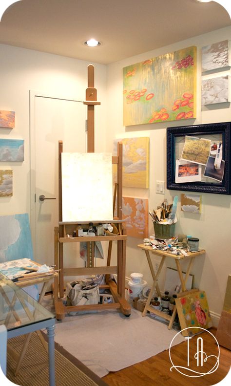 taraandris - Blog Painting Nook, Cloud Paintings, Art Studio Storage, Small Art Studio, Studio Apartment Living, Art Studio Space, Art Studio Room, Art Studio At Home, Copper Leaf