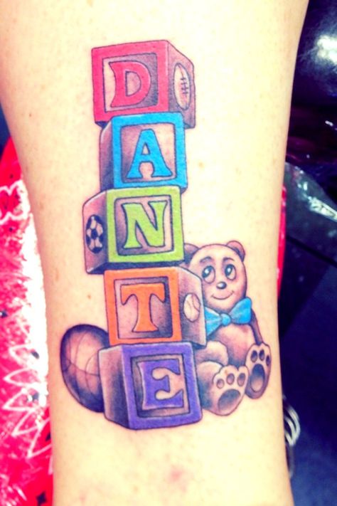 My son's name with baby blocks Tattoo @ Lucky Rabbit Tattoo Modesto Ca Block Tattoo, Tattoos For Baby Boy, Name Tattoos For Moms, Baby Tattoo Designs, Kid Name Tattoo, Baby Name Tattoos, Sparrow Tattoo, Tattoos With Kids Names, Rabbit Tattoos