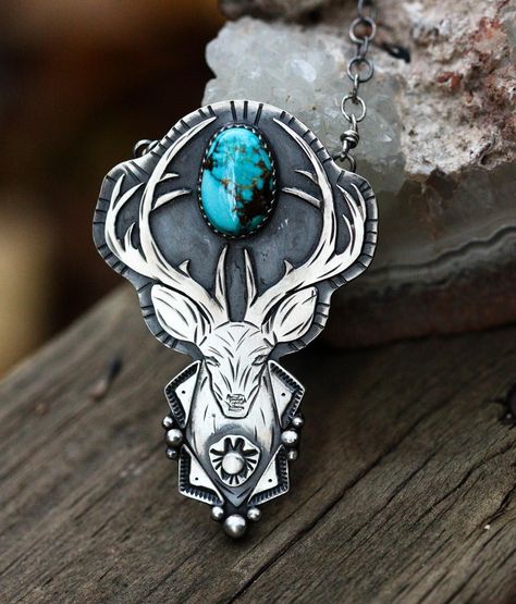 Chelsea Born on Instagram: “Love this deer totem necklace with an insanely gorgeous Candelaria turquoise 💙 Available tomorrow at 8pm Eastern at AppaloosaDesigns.con” Deer Totem, Born On Instagram, Totem Necklace, Antique Silver Rings, Deer Head, Natural Turquoise, Turquoise Jewelry, Antlers, Fine Silver