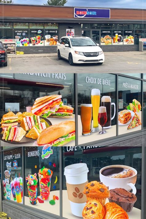 Storefront publicity window graphics designed, printed and installed for the convenience store franchise Bonisoir in Mascouche. Franchise Design, Storefront Windows, Store Facade, Store Signage, Window Graphics, Store Window, Fresh Market, Dr Pepper, Window Stickers