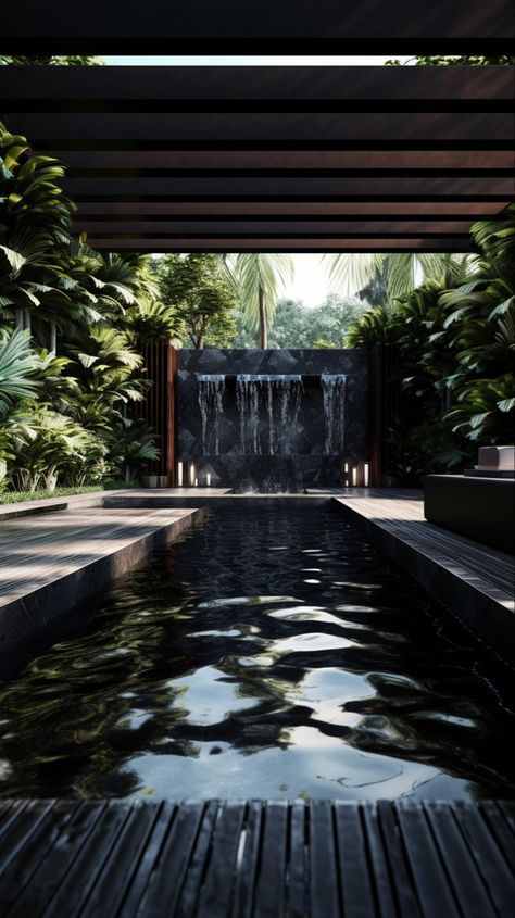 Wouldnt this just be the best pool to swim on?!? #fashion #recipe #aesthetic #architecture #architect #designideas #design #interiordesign Black Swimming Pool Ideas, Black Infinity Pool, Dark Pool Aesthetic, Industrial Style Interior Design, Dream House Pool, Pool Oasis, Pool Aesthetic, Black Pool, Outside Pool