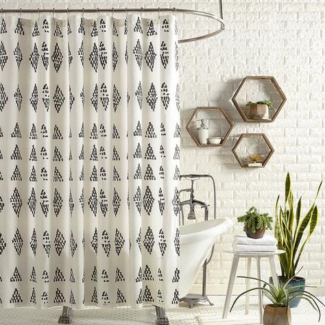 Hypnotic Shower Curtain designed by Justina Blakeney now available at Jungalow Justina Blakeney, Bathroom Diy, Cotton Shower Curtain, White Shower Curtain, Well Traveled, White Shower, Shower Curtain Rods, Black Curtains, Bathroom Update