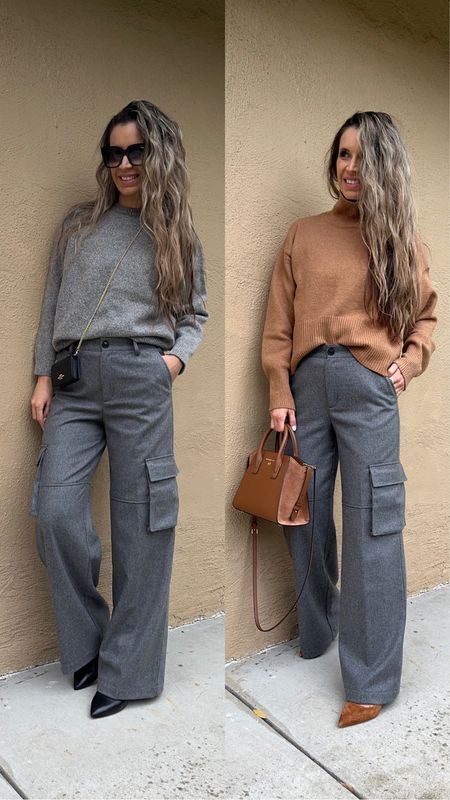 Two easy ways to style gray wool cargo trousers! Camel sweater is such a great staple to wear with anything but goes great with gray! What To Wear With Grey Cargo Pants, Grey Cargo Pants Outfit Winter, Gray Cargo Pants Outfit For Women, Grey Cargo Pants Outfit Women, Gray Pants Outfit Casual, Grey Cargo Pants Women, Gray Pants Outfit For Work, Grey Cargo Outfit, Soft Pants Outfit