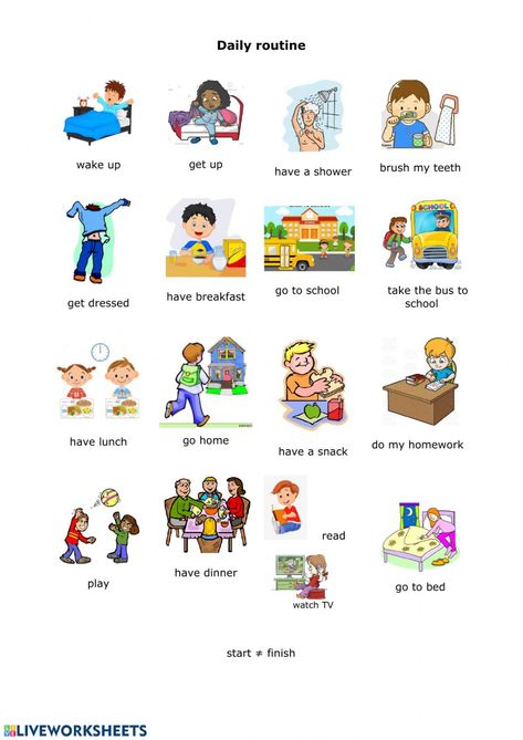 Ficha online de Daily routine actions para A1. Puedes hacer los ejercicios online o descargar la ficha como pdf. Daily Routine Pictures, Daily Routine Flashcards, Daily Routine Vocabulary English, Daily Routines, Daily Routine Worksheet, Daily Routine Activities, Sequencing Pictures, Art Kits For Kids, Life Skills Lessons