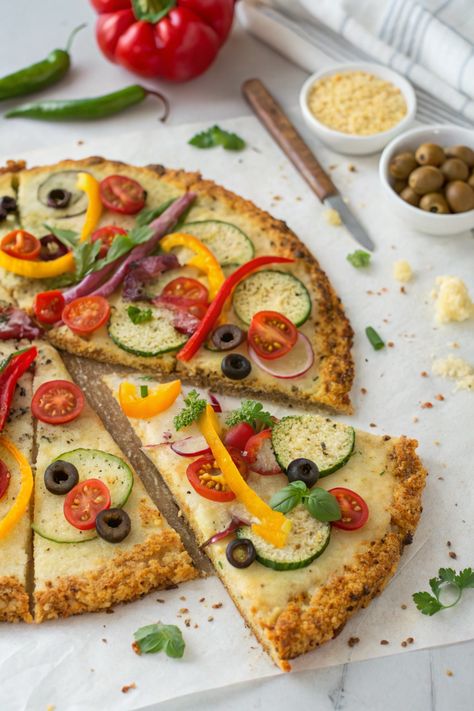 10-Minute Prep: Cauliflower Crust Vegan Pizza Recipe Vegan Cauliflower Pizza Crust, Pizza Alternatives, Plant Based Pizza, Vegan Pizza Recipe, Pizza Vegan, Healthy Pizza Recipes, Avocado Pesto, Vegan Mozzarella, Vegan Cauliflower