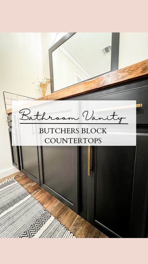 But Her Block Bathroom Counter, Butcher Block In Bathroom, Butcher Block Vanity Top Bathroom, Butcher Block Countertops Bathroom, Butcher Block Bathroom Vanity, Butcher Block Bathroom Counter, Butcher Block Bathroom, Bathroom Counter Ideas, Green Vanity