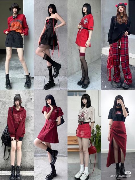 Red Concert Outfit, Red Black Outfit, Red Skirt Outfits, Peony Aesthetic, Pusheen Plush, Cover Dance, Color Combos Outfit, Street Outfits, Fashion Kawaii