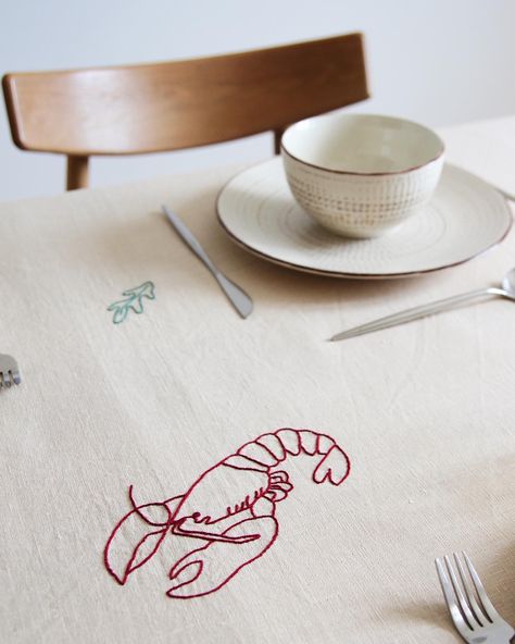 Embroider Table Cloth, Hand Embroidered Tablecloth, Lobster Embroidery, Embroidered Lobster, Linen Textiles, Embroidery Table Runner, Embroidery Tablecloth, Table Fabric, Embroidered Table Runner