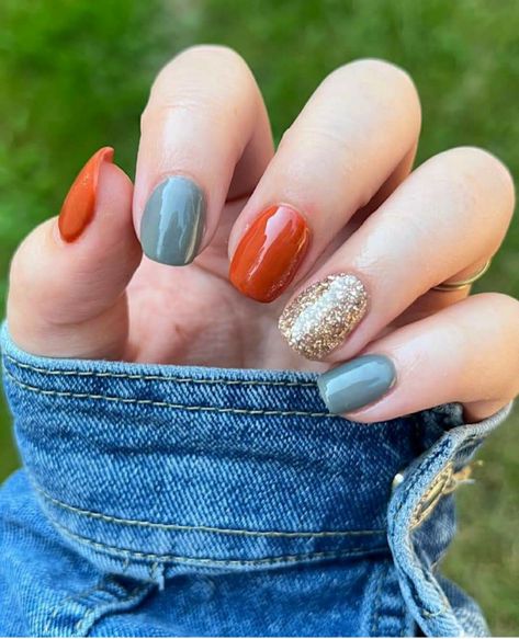 Fall Nails With Teal, Teal And Burnt Orange Nails, Orange And Blue Nails Ideas, Teal Orange Nails, Fall Teal Nails, Turquoise And Orange Nails, Multicolor Fall Nails, Coral And Blue Nails, Thanksgiving Dip Nails