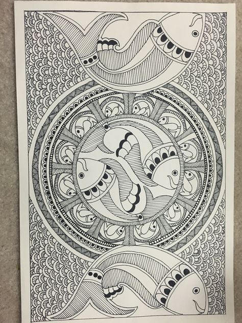 Madhubani painting Madhubani Painting Outline, Madhubani Painting Sketches, Godhna Madhubani, Kachni Style Madhubani Painting, Madhubani Sketch, Madhubani Drawing Indian Paintings, Madhubani Paintings Ideas Design, Easy Madhubani Painting, Madhubani Motifs