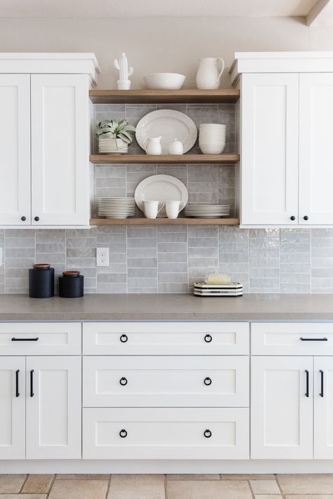 White Cabinets Grey Countertops, Gray Kitchen Backsplash, Backsplash Kitchen White Cabinets, Backsplash For White Cabinets, White Cabinets White Countertops, Countertops Ideas, Light Grey Kitchens, Kitchens Cabinets, Wood Countertop