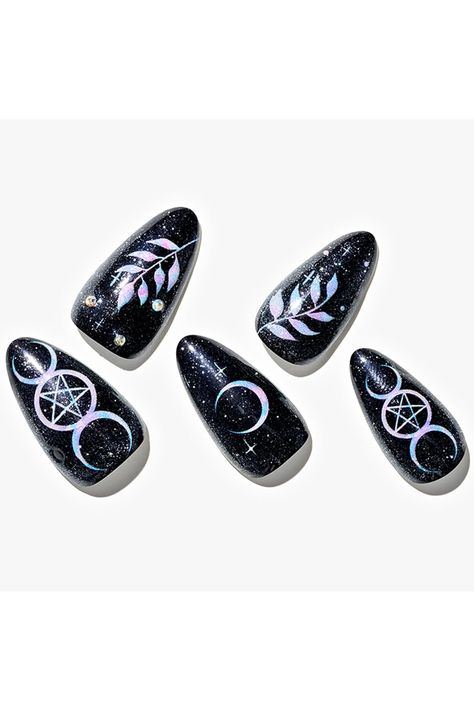 GLAMERMAID Press on Nails Medium Almond, Handmade Gothic Black with Rhinestones Glue on Nails with Crystals Stones, 24Pcs Short Stiletto Fake Nails Acrylic False Nails Manicure Kits for Women Gift Alt Nails, Cartoon Nails, Nails Length, Alt Clothing, Witchy Nails, Press On Nails Medium, Medium Almond, Moon Nails, Cat Eye Glasses Frames