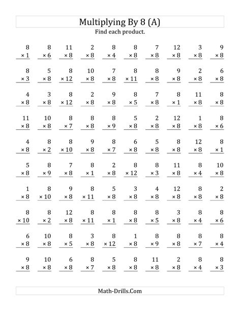 The Multiplying 1 to 12 by 8 (A) math worksheet from the Multiplication Worksheet page at Math-Drills.com. Multiplication Drills, Free Printable Multiplication Worksheets, Free Multiplication Worksheets, Times Tables Worksheets, Printable Multiplication Worksheets, Multiplication Facts Worksheets, Math Multiplication Worksheets, Math Fact Worksheets, Math Drills