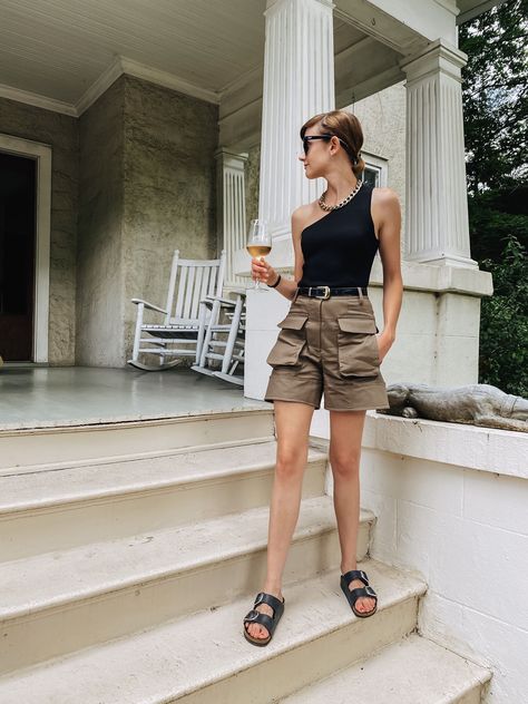 shop this asymmetrical top & cargo shorts! #summerstyle #outfit #shorts Cargo Shorts Outfits Women Summer, Cargo Shorts Outfits Women, Cargo Shorts Outfit, Print Shorts Outfit, Black Top Summer, Cargo Outfit, Outfit Shorts, Cargo Shorts Women, Dc Fashion