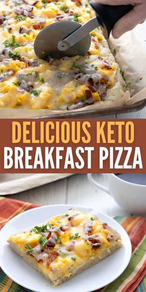 This keto breakfast pizza baked is fully loaded and ready to fire. Baked on a sheet pan, it's easy to make and feeds a crowd. You've got to add this one to your list of keto breakfast recipes! Oven Baked Keto Pancakes, Keto Breakfast Pastry, Keto Breakfast Bake, Keto Breakfast Casserole Recipes, Easy Keto Breakfast Casserole, Keto Egg Bake, Keto Breakfast Pizza, Keto Pizzas, Oven Bakes