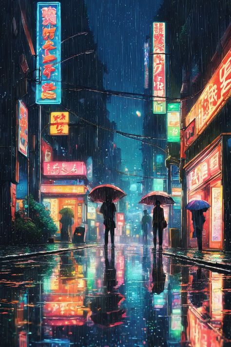 Rainy City Reflections Check more: https://paintlyx.com/rainy-city-reflections/ Rainy City Painting, Rainy City Night, Rainy Art, Rainy Vibes, Rain Street, Rain Illustration, City Rain, Midnight City, Rainy City