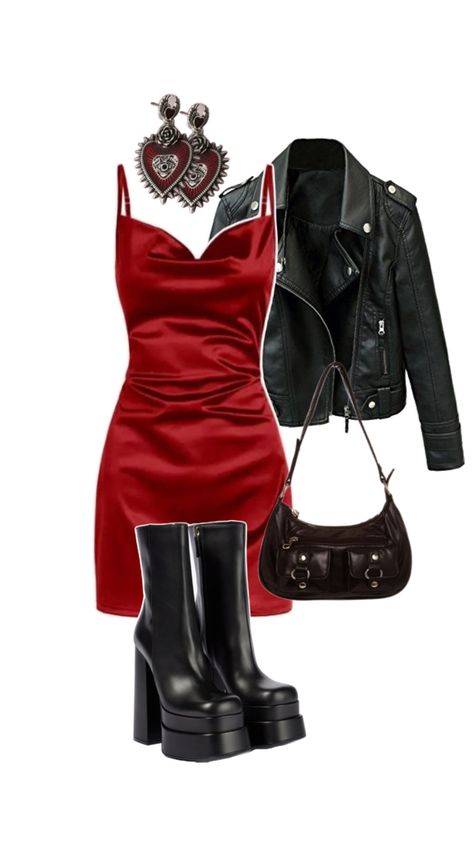 Glam Rock Outfits, Man Eater, Rock Star Outfit, Rock Outfits, Red Outfit, Alternative Outfits, Feminine Outfit, Autumn Outfit, Fashion Design Clothes